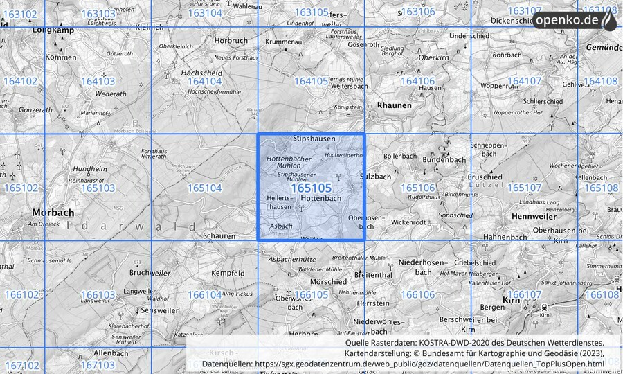 Übersichtskarte des KOSTRA-DWD-2020-Rasterfeldes Nr. 165105