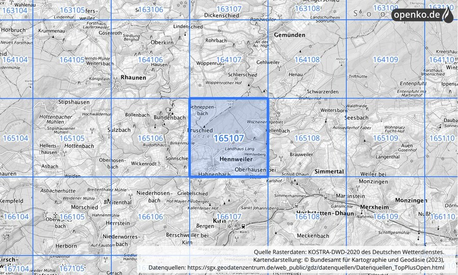 Übersichtskarte des KOSTRA-DWD-2020-Rasterfeldes Nr. 165107