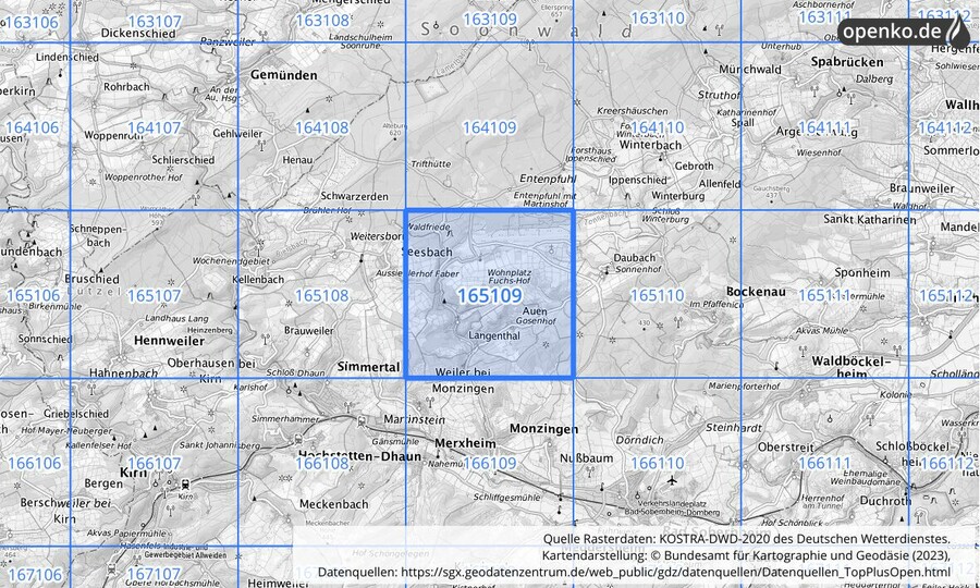 Übersichtskarte des KOSTRA-DWD-2020-Rasterfeldes Nr. 165109