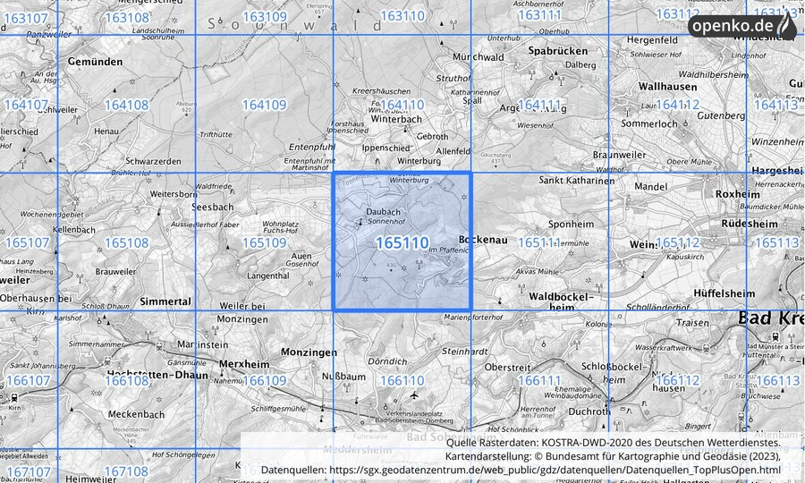 Übersichtskarte des KOSTRA-DWD-2020-Rasterfeldes Nr. 165110