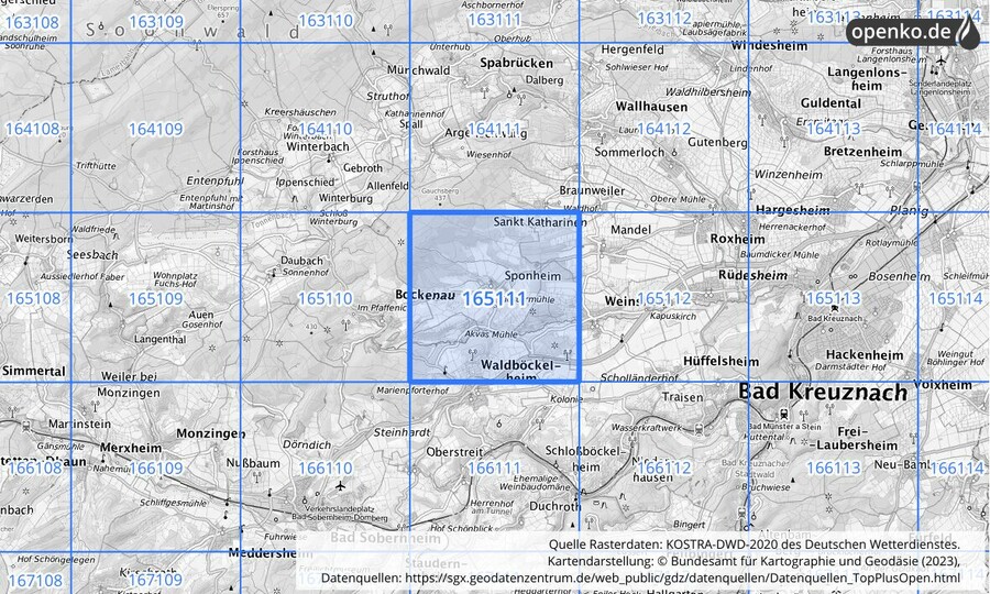 Übersichtskarte des KOSTRA-DWD-2020-Rasterfeldes Nr. 165111