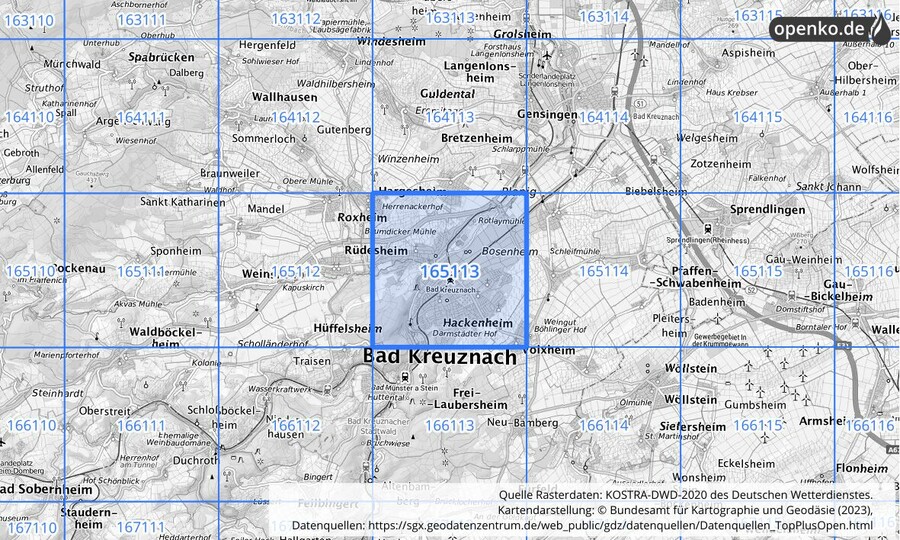 Übersichtskarte des KOSTRA-DWD-2020-Rasterfeldes Nr. 165113