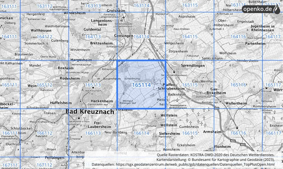 Übersichtskarte des KOSTRA-DWD-2020-Rasterfeldes Nr. 165114