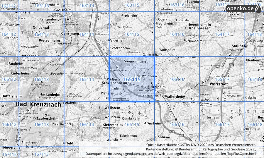 Übersichtskarte des KOSTRA-DWD-2020-Rasterfeldes Nr. 165115