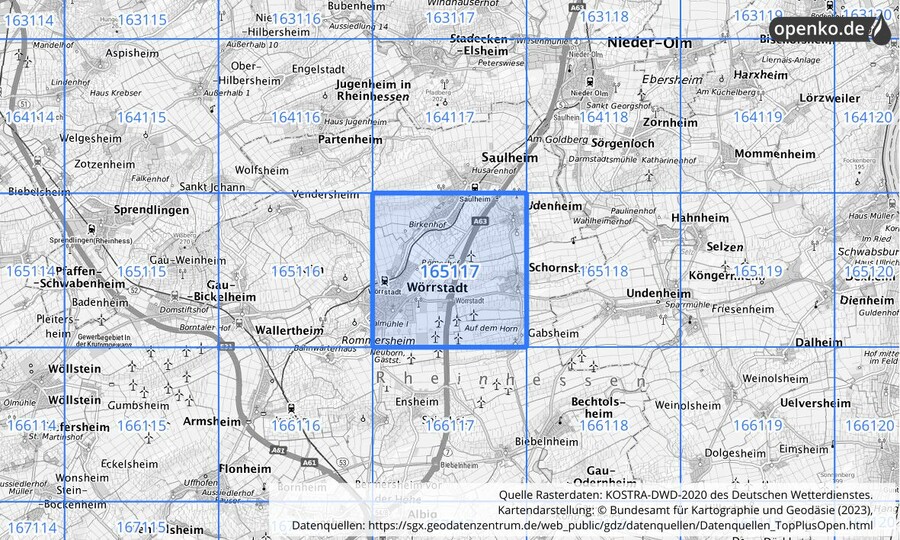 Übersichtskarte des KOSTRA-DWD-2020-Rasterfeldes Nr. 165117