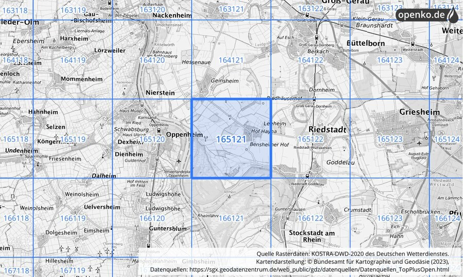 Übersichtskarte des KOSTRA-DWD-2020-Rasterfeldes Nr. 165121