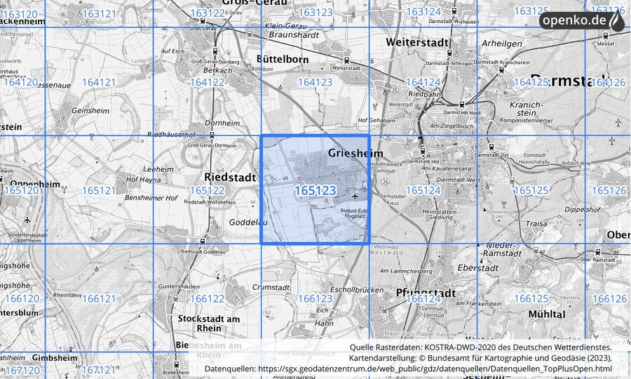 Übersichtskarte des KOSTRA-DWD-2020-Rasterfeldes Nr. 165123