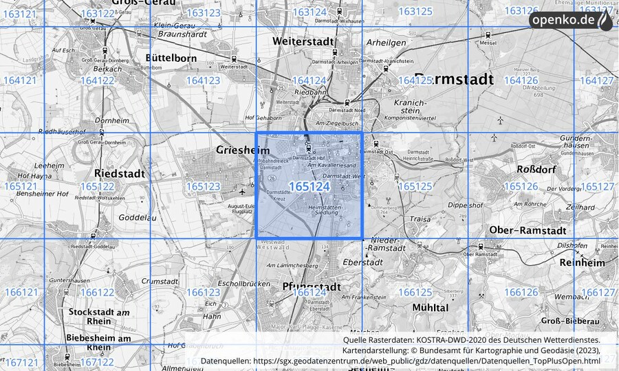 Übersichtskarte des KOSTRA-DWD-2020-Rasterfeldes Nr. 165124