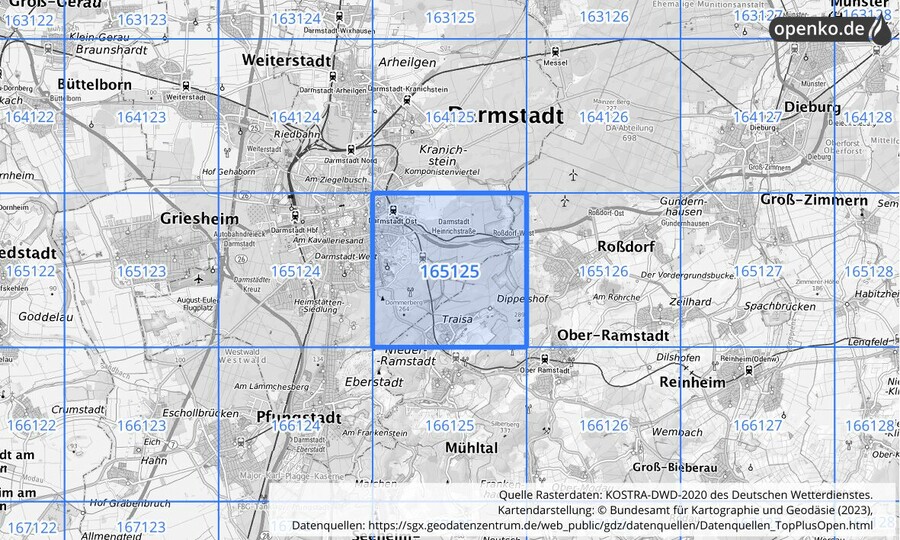 Übersichtskarte des KOSTRA-DWD-2020-Rasterfeldes Nr. 165125