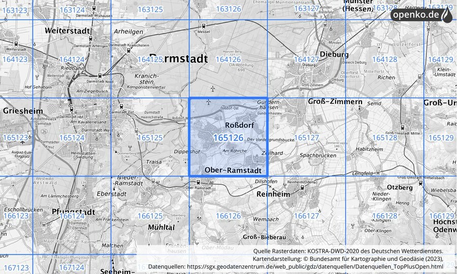 Übersichtskarte des KOSTRA-DWD-2020-Rasterfeldes Nr. 165126