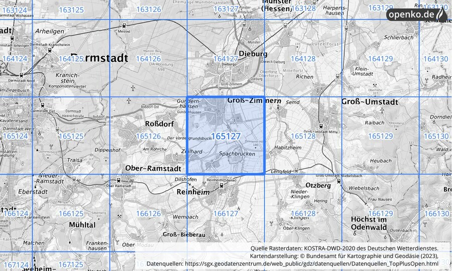 Übersichtskarte des KOSTRA-DWD-2020-Rasterfeldes Nr. 165127