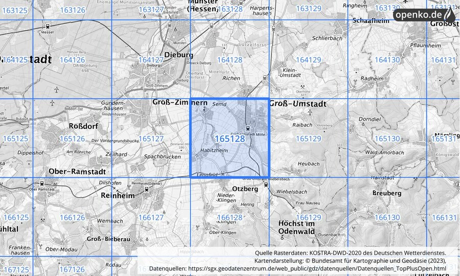 Übersichtskarte des KOSTRA-DWD-2020-Rasterfeldes Nr. 165128