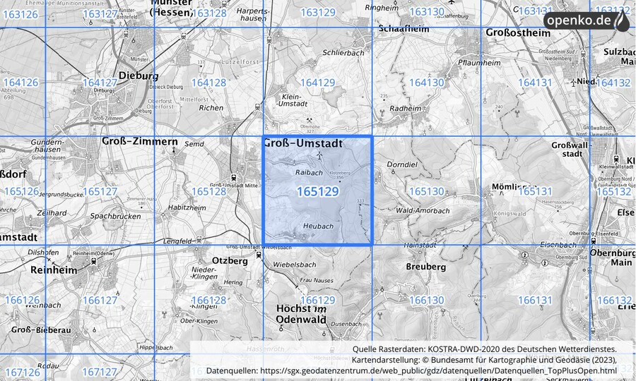 Übersichtskarte des KOSTRA-DWD-2020-Rasterfeldes Nr. 165129