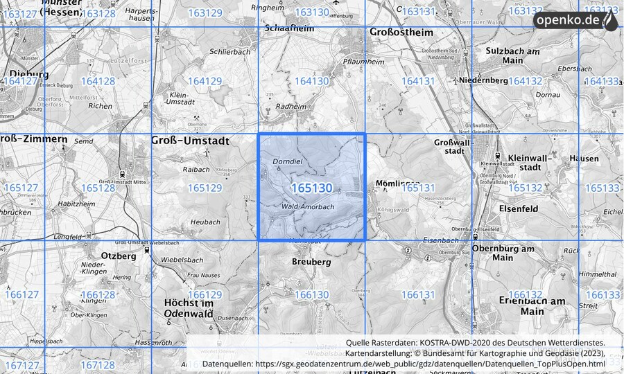 Übersichtskarte des KOSTRA-DWD-2020-Rasterfeldes Nr. 165130