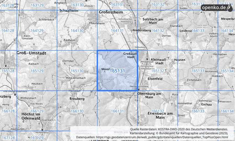 Übersichtskarte des KOSTRA-DWD-2020-Rasterfeldes Nr. 165131