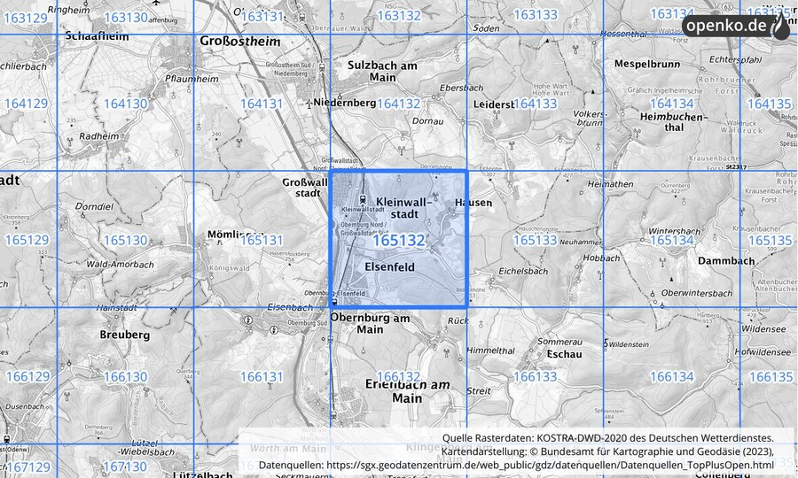 Übersichtskarte des KOSTRA-DWD-2020-Rasterfeldes Nr. 165132