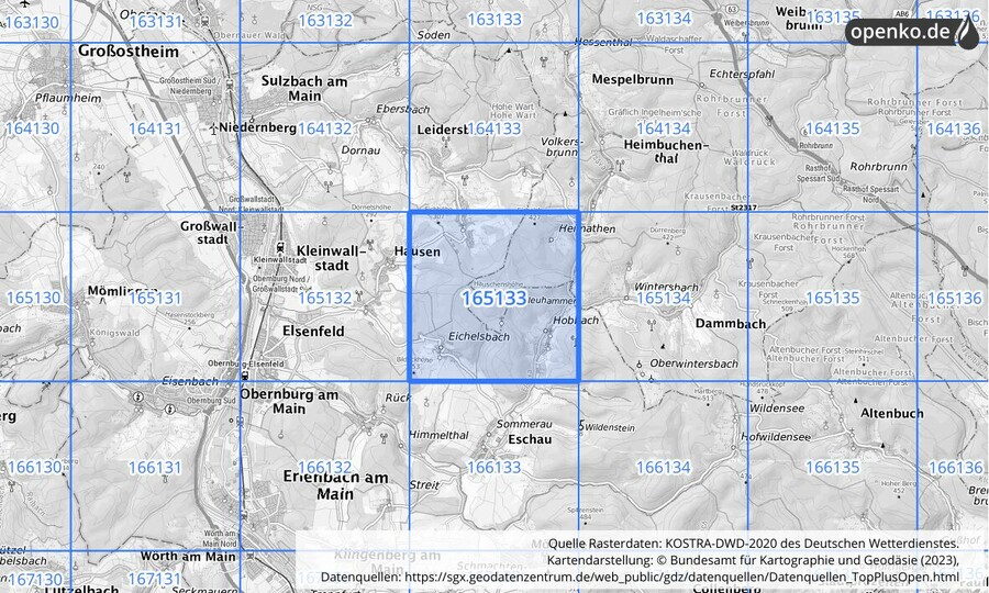 Übersichtskarte des KOSTRA-DWD-2020-Rasterfeldes Nr. 165133