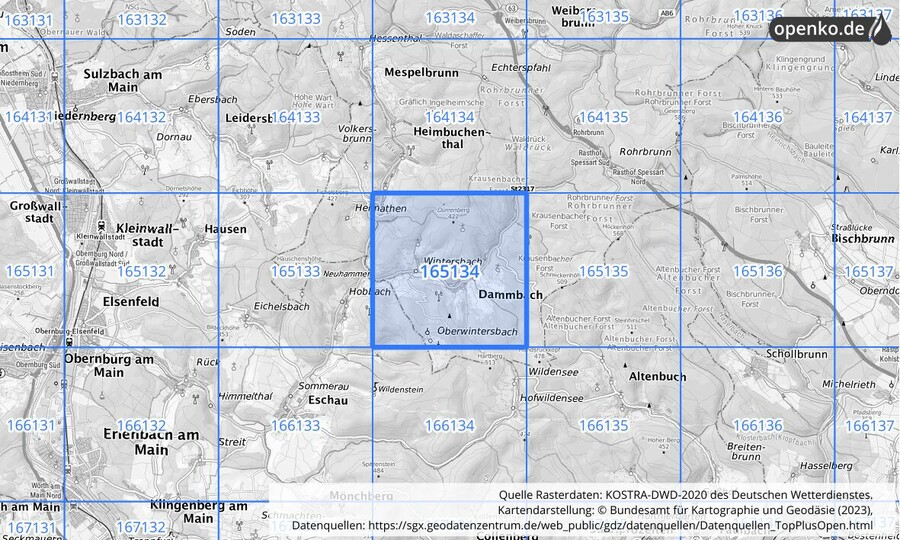 Übersichtskarte des KOSTRA-DWD-2020-Rasterfeldes Nr. 165134