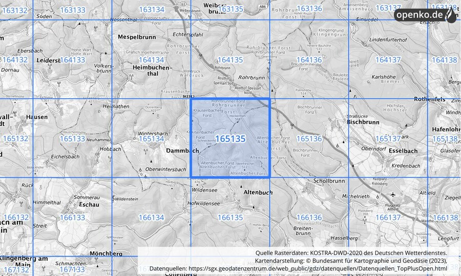 Übersichtskarte des KOSTRA-DWD-2020-Rasterfeldes Nr. 165135