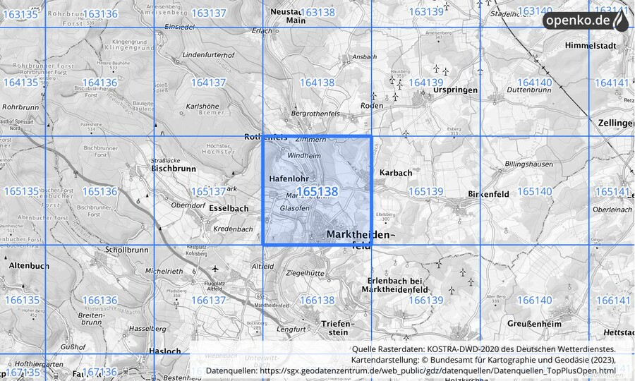 Übersichtskarte des KOSTRA-DWD-2020-Rasterfeldes Nr. 165138