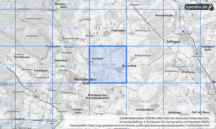 Übersichtskarte des KOSTRA-DWD-2020-Rasterfeldes Nr. 165139