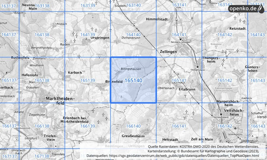 Übersichtskarte des KOSTRA-DWD-2020-Rasterfeldes Nr. 165140