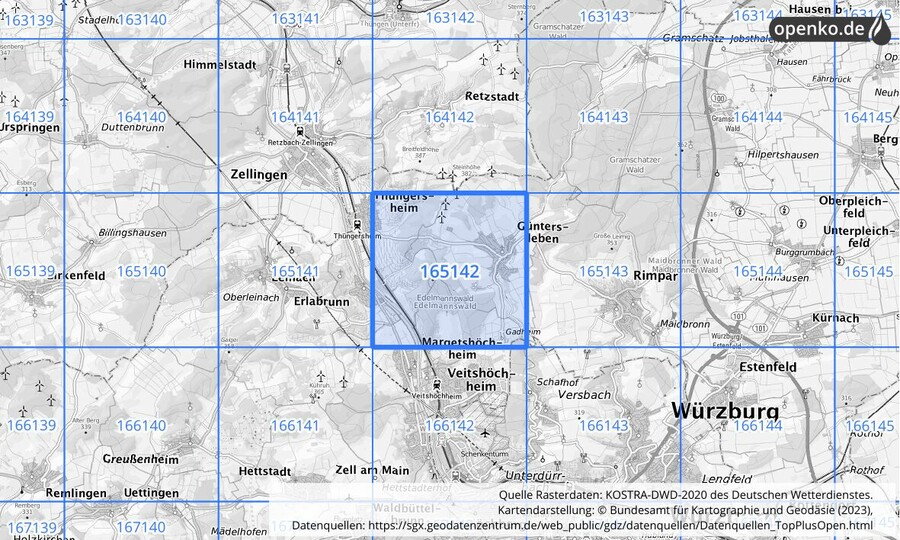 Übersichtskarte des KOSTRA-DWD-2020-Rasterfeldes Nr. 165142