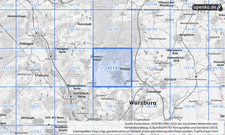 Übersichtskarte des KOSTRA-DWD-2020-Rasterfeldes Nr. 165143