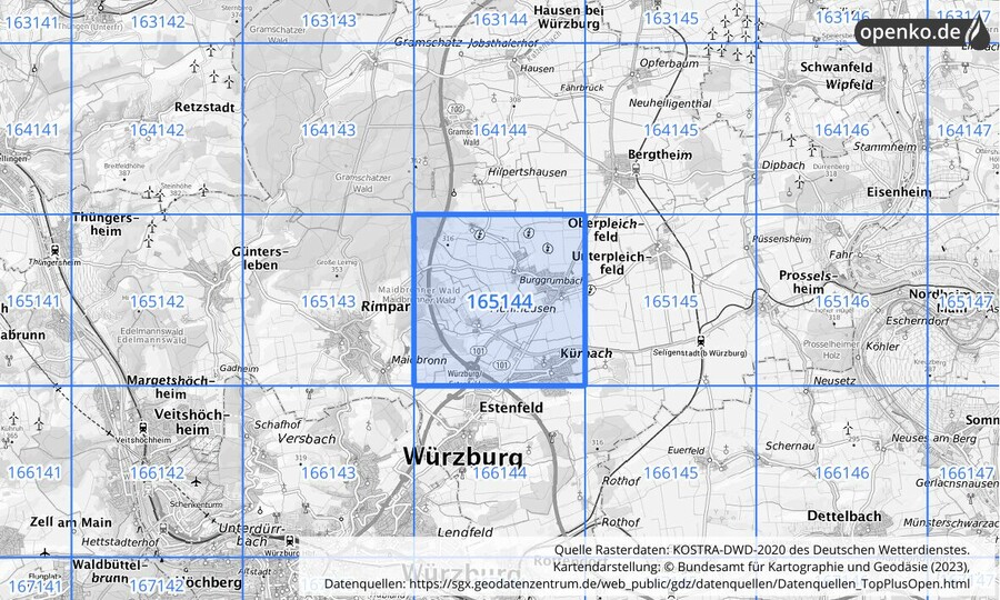 Übersichtskarte des KOSTRA-DWD-2020-Rasterfeldes Nr. 165144