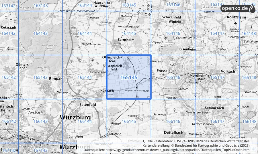 Übersichtskarte des KOSTRA-DWD-2020-Rasterfeldes Nr. 165145