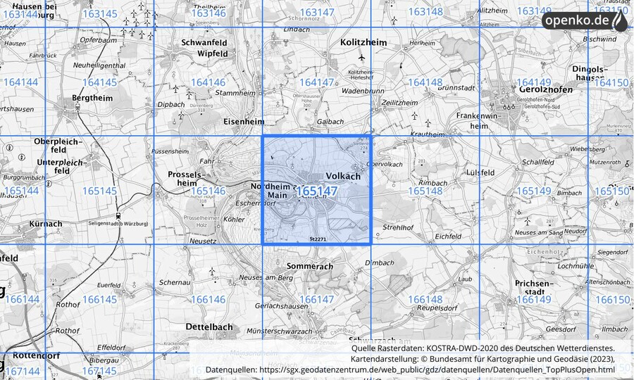 Übersichtskarte des KOSTRA-DWD-2020-Rasterfeldes Nr. 165147