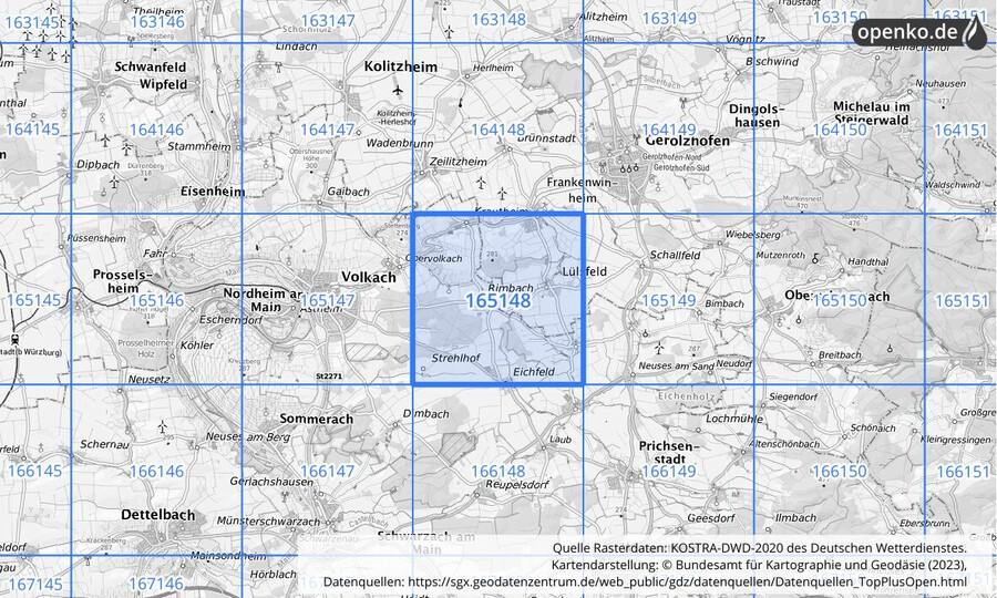 Übersichtskarte des KOSTRA-DWD-2020-Rasterfeldes Nr. 165148
