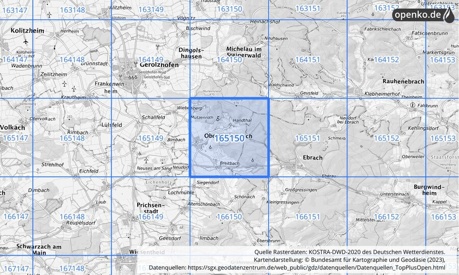 Übersichtskarte des KOSTRA-DWD-2020-Rasterfeldes Nr. 165150