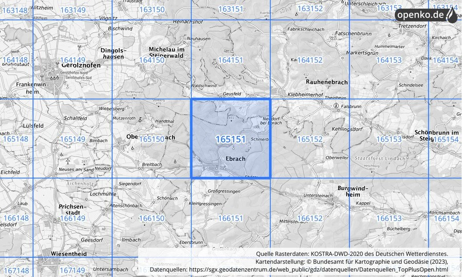 Übersichtskarte des KOSTRA-DWD-2020-Rasterfeldes Nr. 165151