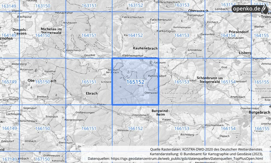 Übersichtskarte des KOSTRA-DWD-2020-Rasterfeldes Nr. 165152