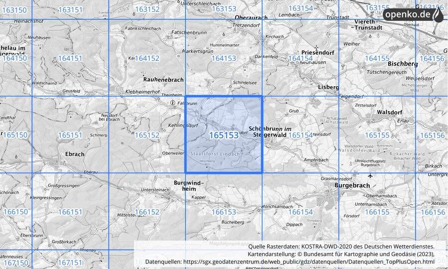 Übersichtskarte des KOSTRA-DWD-2020-Rasterfeldes Nr. 165153