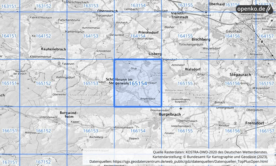 Übersichtskarte des KOSTRA-DWD-2020-Rasterfeldes Nr. 165154