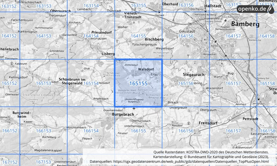 Übersichtskarte des KOSTRA-DWD-2020-Rasterfeldes Nr. 165155