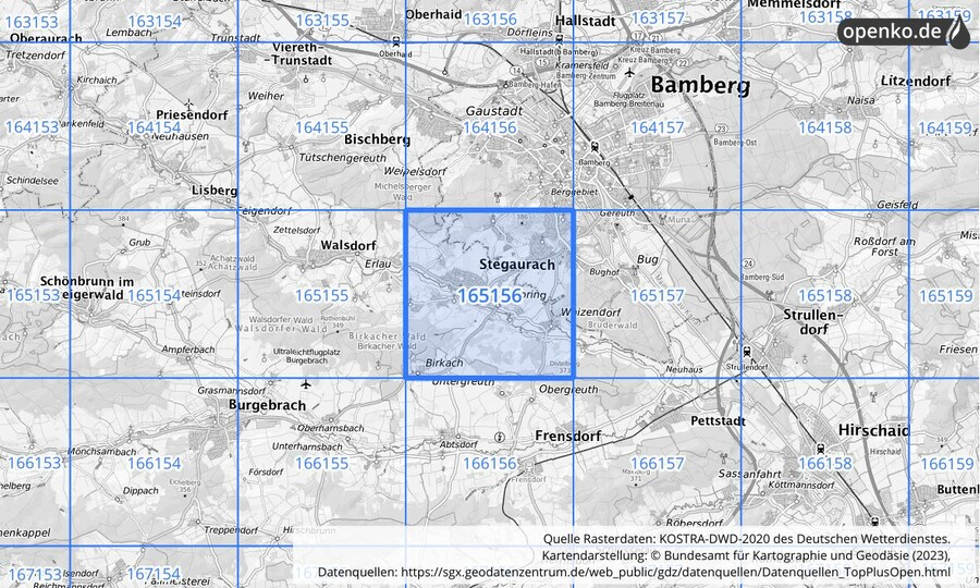 Übersichtskarte des KOSTRA-DWD-2020-Rasterfeldes Nr. 165156