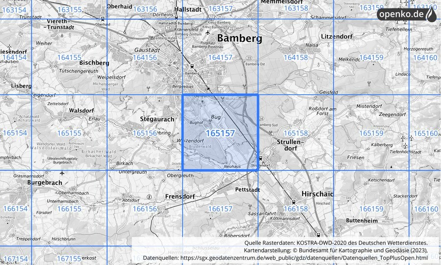 Übersichtskarte des KOSTRA-DWD-2020-Rasterfeldes Nr. 165157