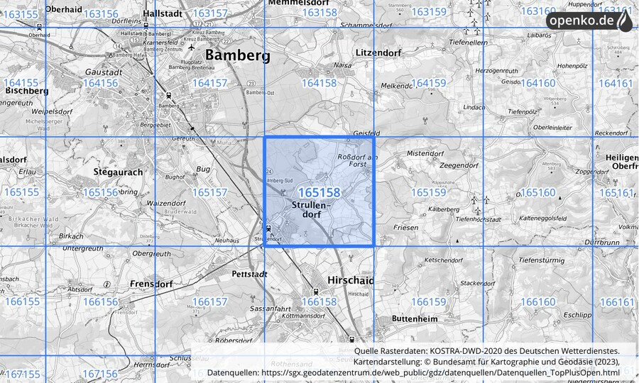 Übersichtskarte des KOSTRA-DWD-2020-Rasterfeldes Nr. 165158