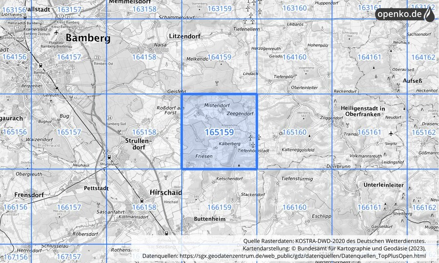 Übersichtskarte des KOSTRA-DWD-2020-Rasterfeldes Nr. 165159