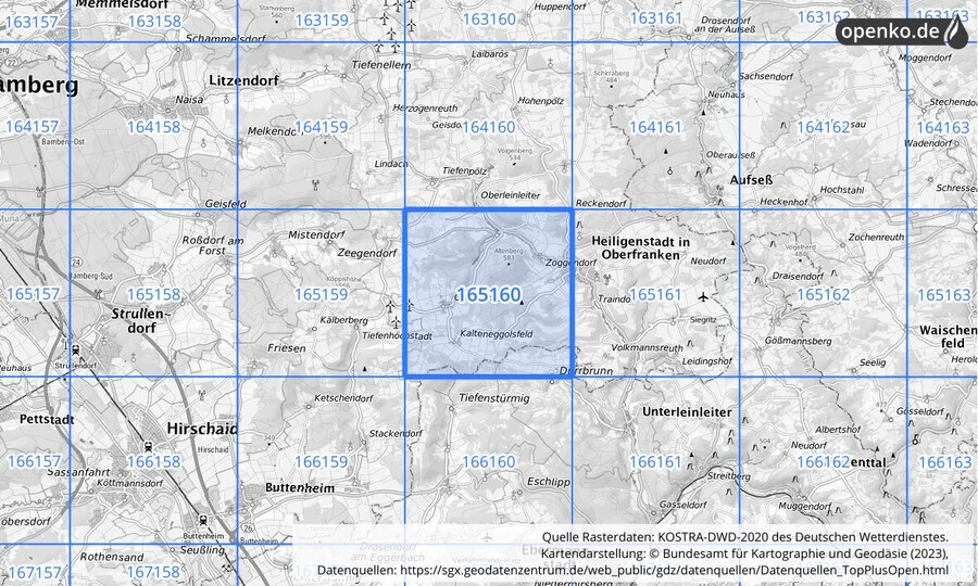 Übersichtskarte des KOSTRA-DWD-2020-Rasterfeldes Nr. 165160