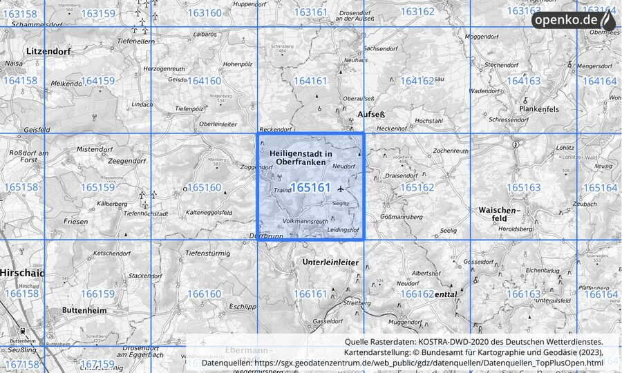 Übersichtskarte des KOSTRA-DWD-2020-Rasterfeldes Nr. 165161