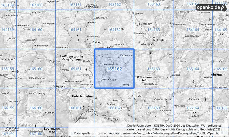 Übersichtskarte des KOSTRA-DWD-2020-Rasterfeldes Nr. 165162