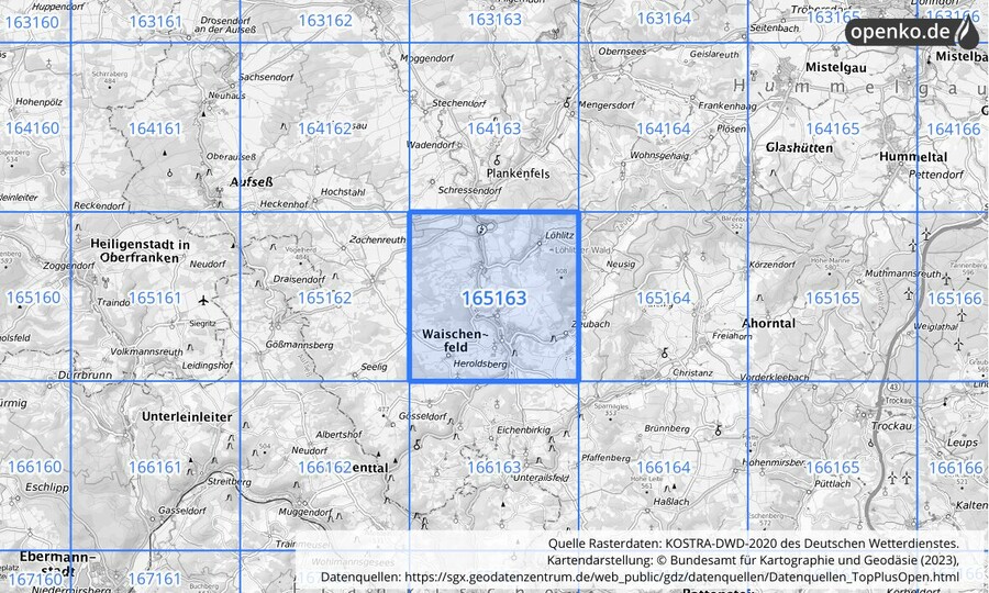Übersichtskarte des KOSTRA-DWD-2020-Rasterfeldes Nr. 165163