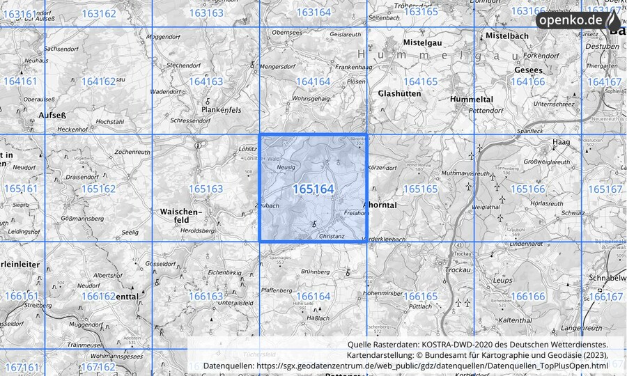Übersichtskarte des KOSTRA-DWD-2020-Rasterfeldes Nr. 165164