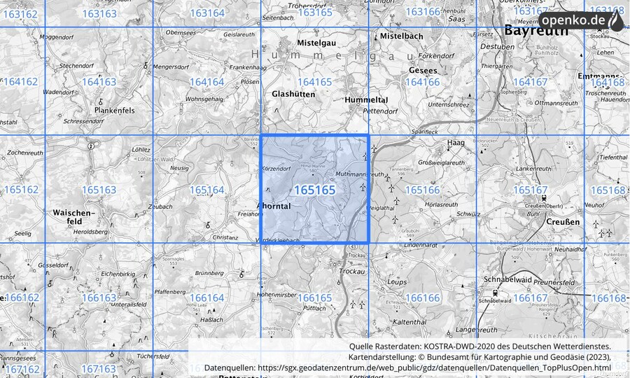 Übersichtskarte des KOSTRA-DWD-2020-Rasterfeldes Nr. 165165