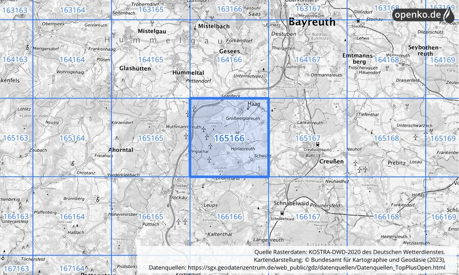 Übersichtskarte des KOSTRA-DWD-2020-Rasterfeldes Nr. 165166
