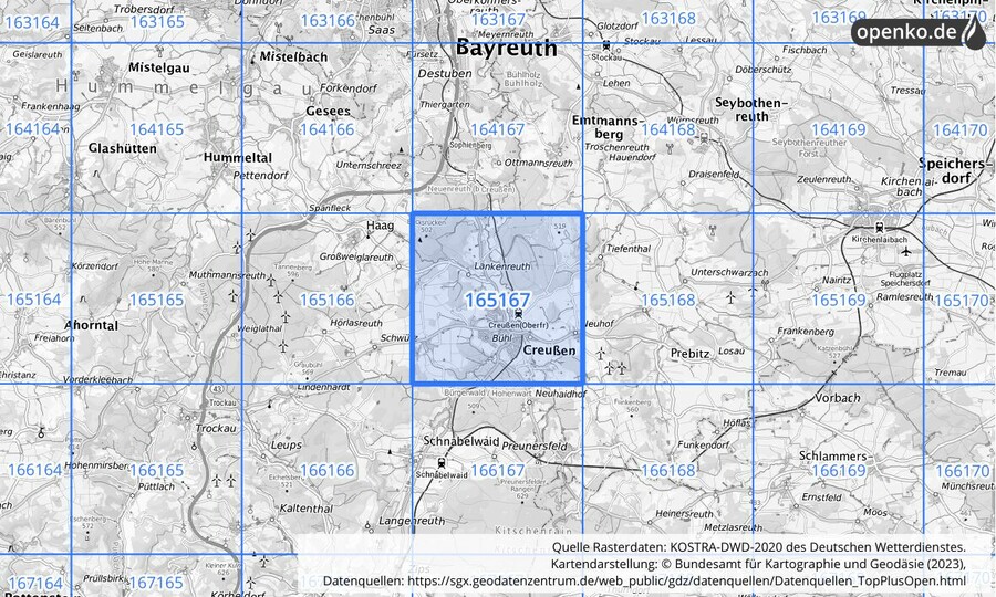 Übersichtskarte des KOSTRA-DWD-2020-Rasterfeldes Nr. 165167